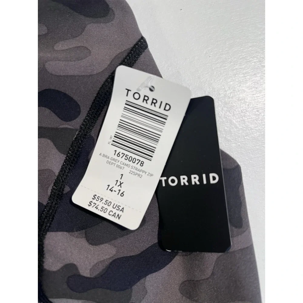 NWT Torrid Happy Camper Camo Zip Front Sports Bra 1X 14/16 Strappy Back Plus